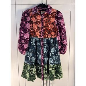 NWOT Farm Rio Anthropologie Floral Patchwork Dress XS Colorblock Puff Sleeve